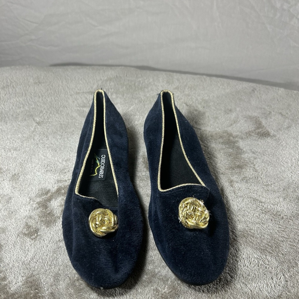Vintage Outdorables Navy Velvet Gold Knot Slip On Flats Made in USA Sz 7 Women